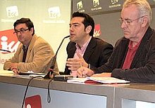 Cayo Lara, federal coordinator of United Left of Spain and Jose Luis Centella, Secretary General of the Communist Party of Spain & Alexis Tsipras